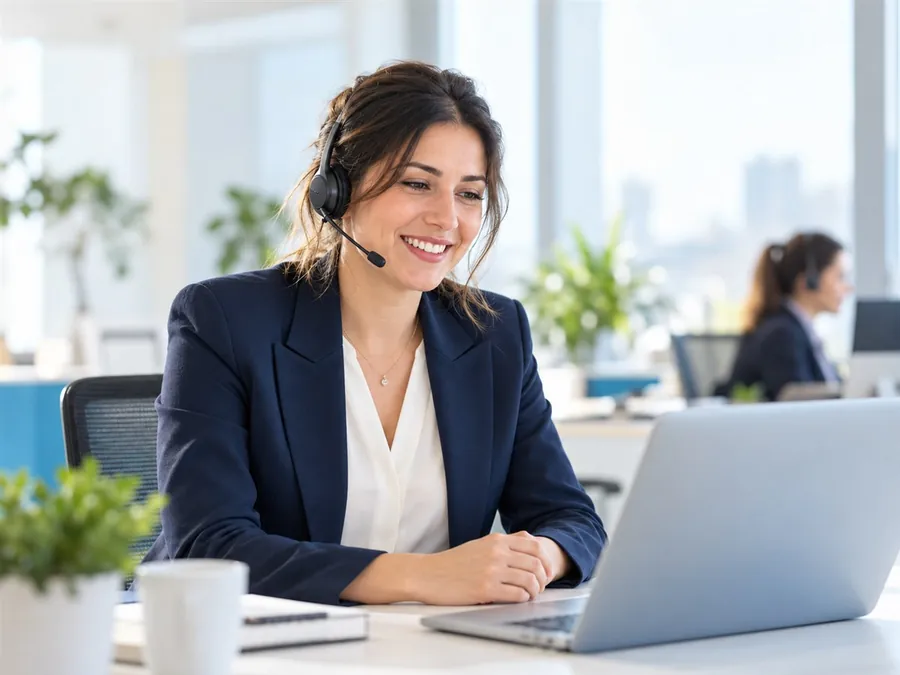 Customer support representative on a headset call at a computer