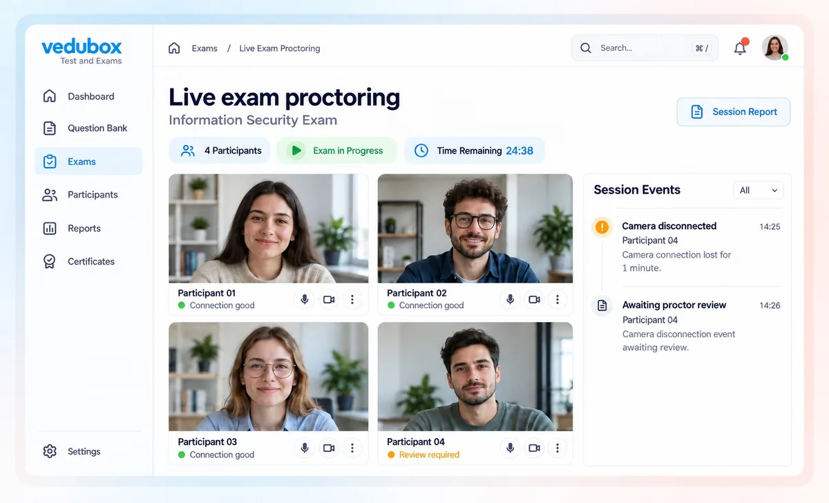 Example live exam proctoring screen: participants, remaining time and session events for proctor review